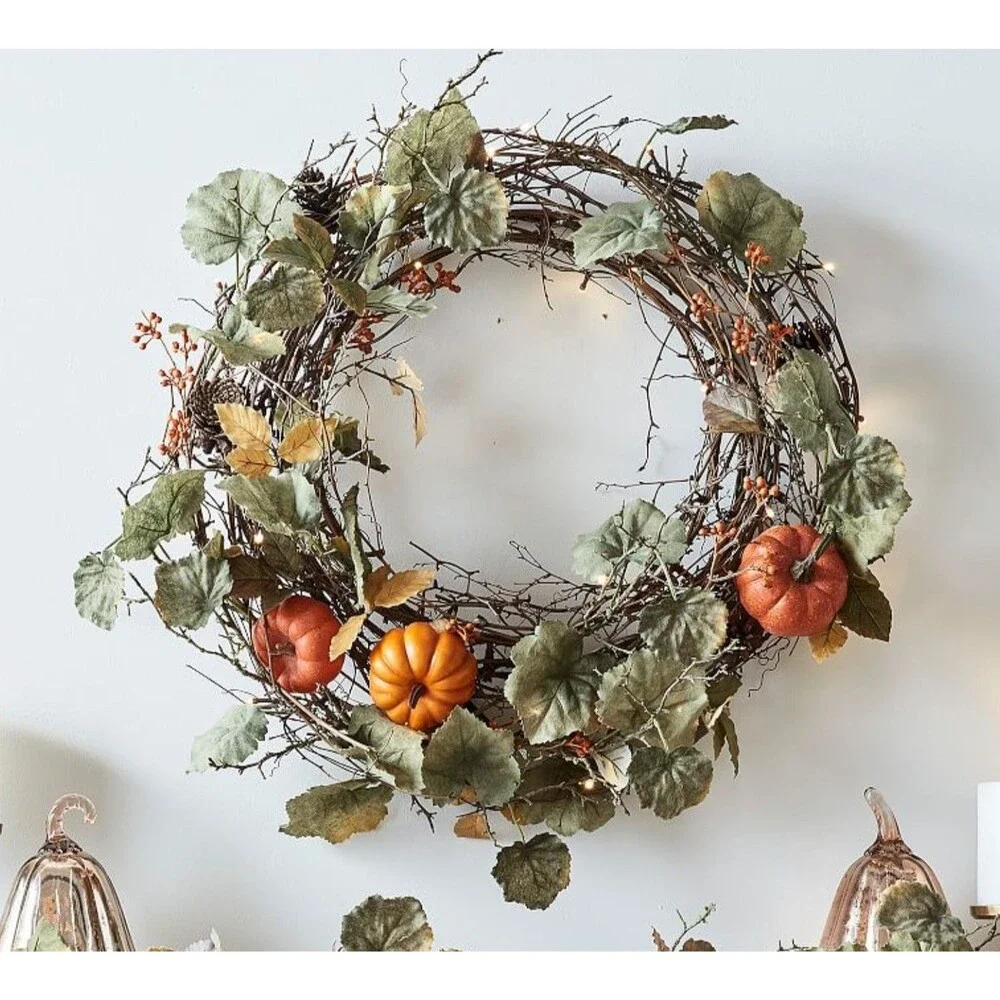 Pottery Barn Pre-Lit Faux Natural Pumpkin Wreath 23 inch